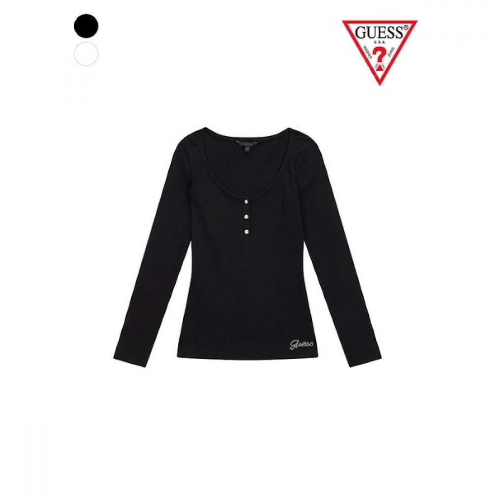 (ゲス) W2YP46KBCO2 ジュエルボタンヘンリーネックロングスリーブ T シャツ YN1K2301