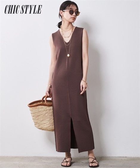 ロングマキシ丈/半袖 大きいサイズ Vネックロングニットワンピース シックスタイル
