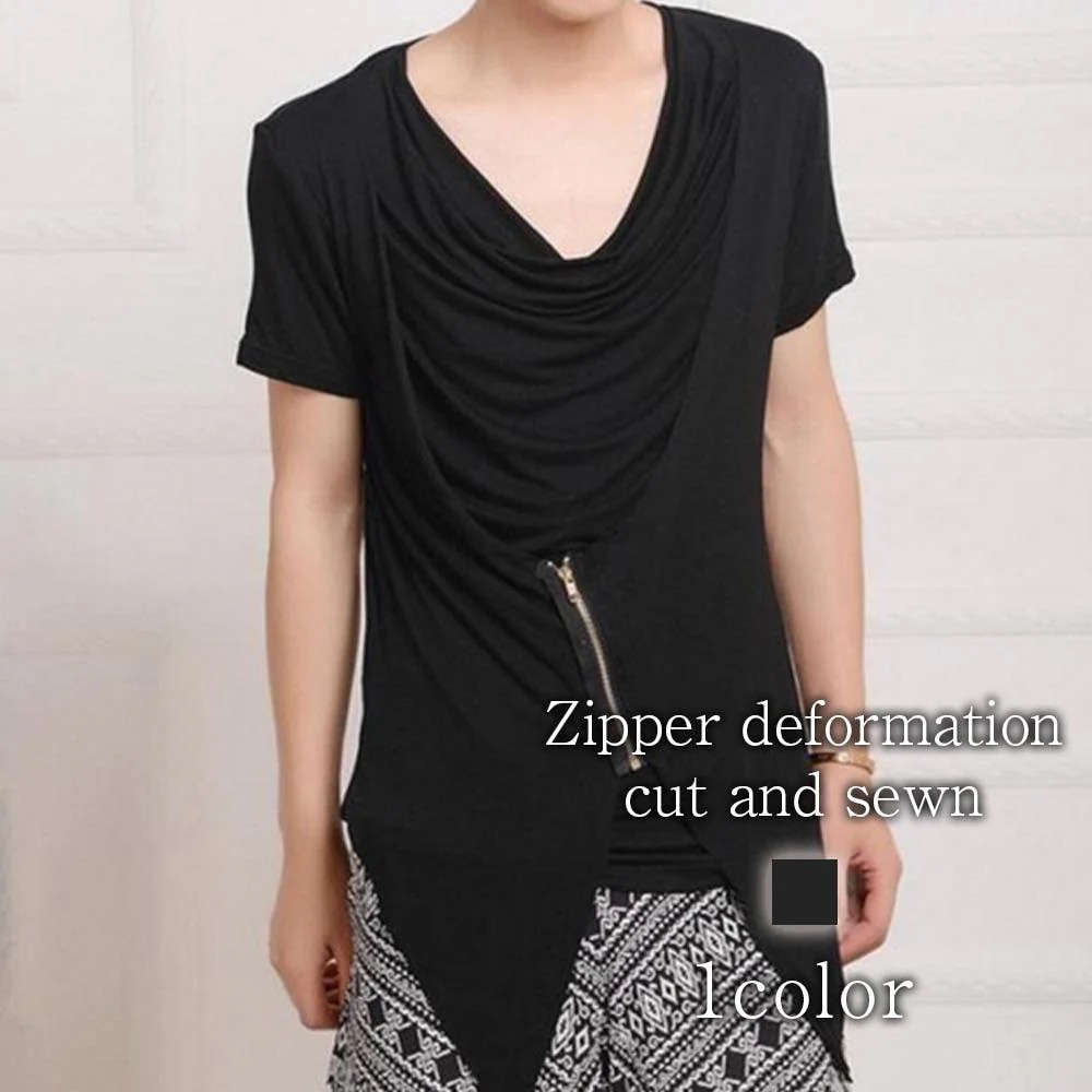 Tシャツ メンズ ジッパー変形カットソー おしゃれ ブラック 涼しい 40代 Vネック ロング 綿 肌着 カジュアル スポーツ ワッフル ブランド ゆったり 7分袖 シャツ ポリエステル おすすめ 薄