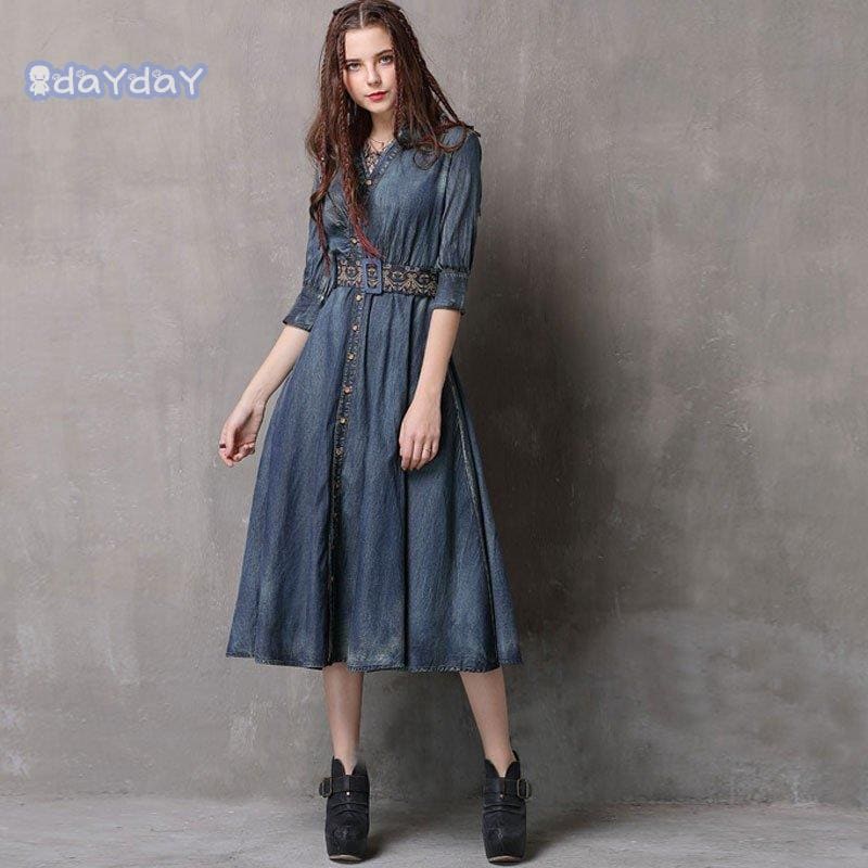 ワンピース デニムワンピース マキシワンピース ロングワンピース レディース 七分袖 Vネック 刺繍 付き ポケット付き ギャザー ボリューム リゾート