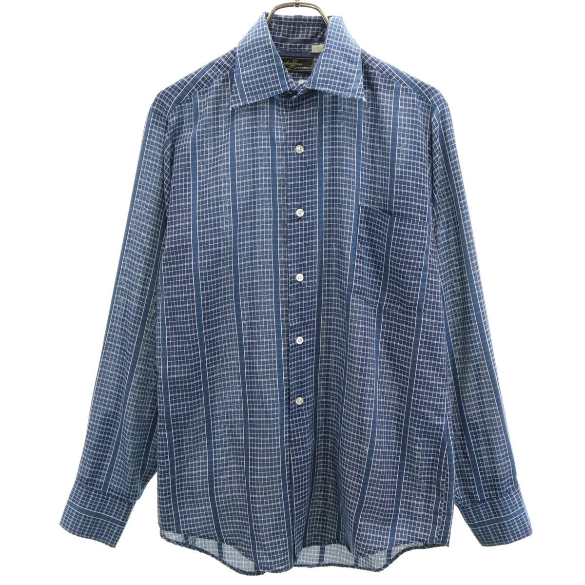 VAN HEUSEN ヴァンヒューゼン 70s 80s ヴィンテージ 衿芯 チェック柄 長袖 シャツ ブルー メンズ 古着 5,678円