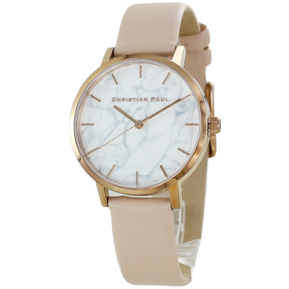 【無料特典付き！】クリスチャンポール 時計 レディース 腕時計 手表 35mm ホワイトマーブル 大理石柄 ベビーピンクレザー 天然皮革 MRL-02 誕生日プレゼント ポイント消化