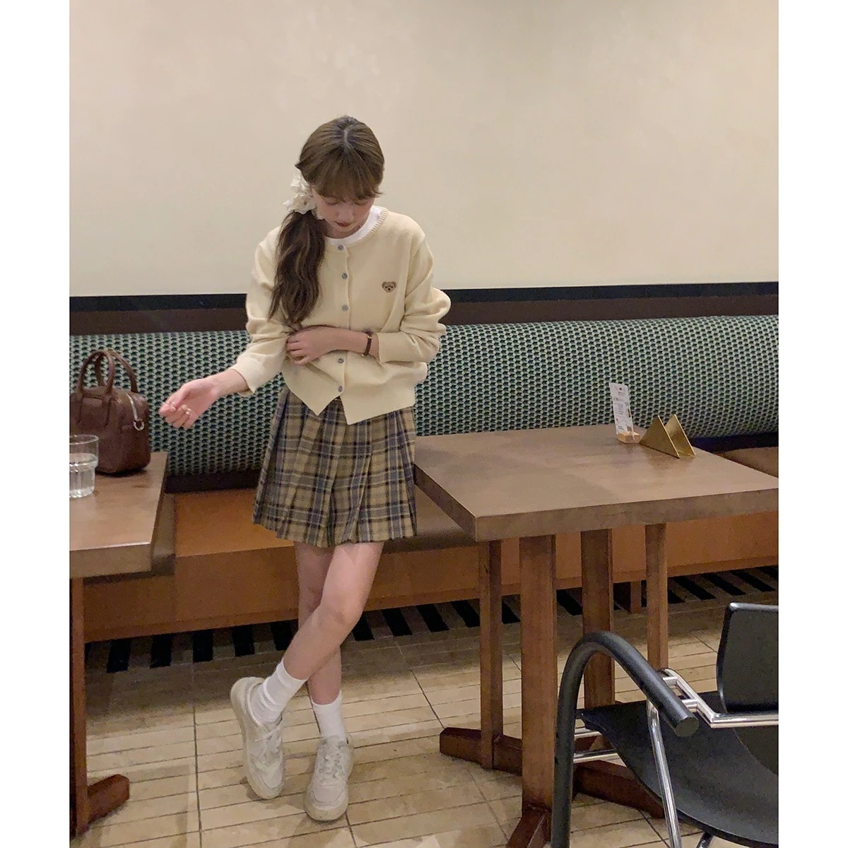 カレッジ風柄プリーツスカート2024秋ハイウエスト気質スリムaラインスカート