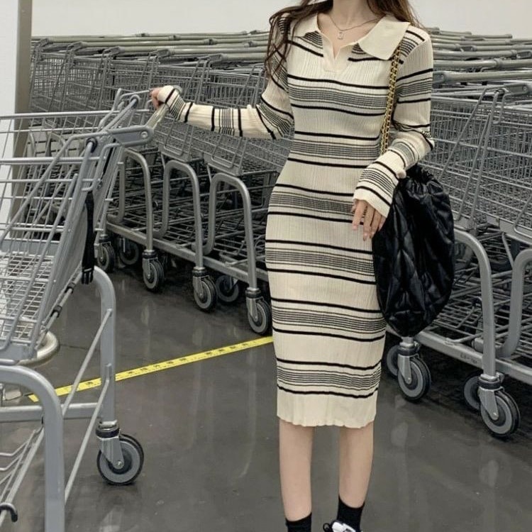 シンプル ワンピース プルオーバー ロング ロング丈 長袖 萌袖 ポロカラー Aライン かわいい 可愛い きれいめ カジュアル 上品 おしゃれ お洒落 可愛い 女子 こなれ感 ラフ