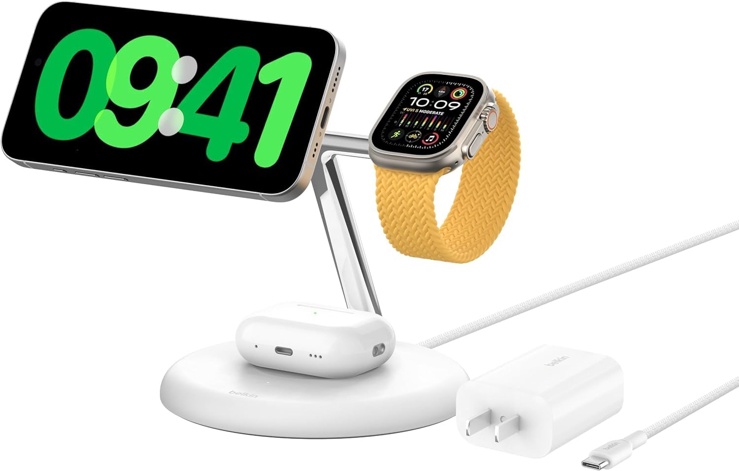 Belkin 3-in-1ワイヤレス充電スタンド Qi2公式認証/MagSafe対応 iPhone17,16～12/スマートフォン(最大15W高速充電) AirPods/ワイヤレス充電対応イヤホン(5