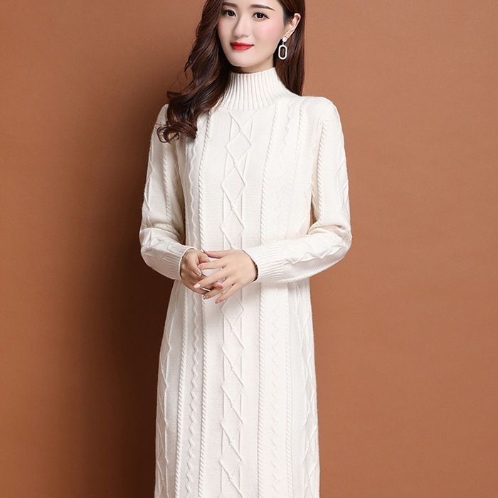 ワンピース ニット ロングスカート ニットスカート 膝丈 ひざ丈 膝下 袖あり 長袖 ハイネック タートルネック 襟付き タイト ストレート 大人可愛い きれいめ シンプル 大人 上品 おしゃれ