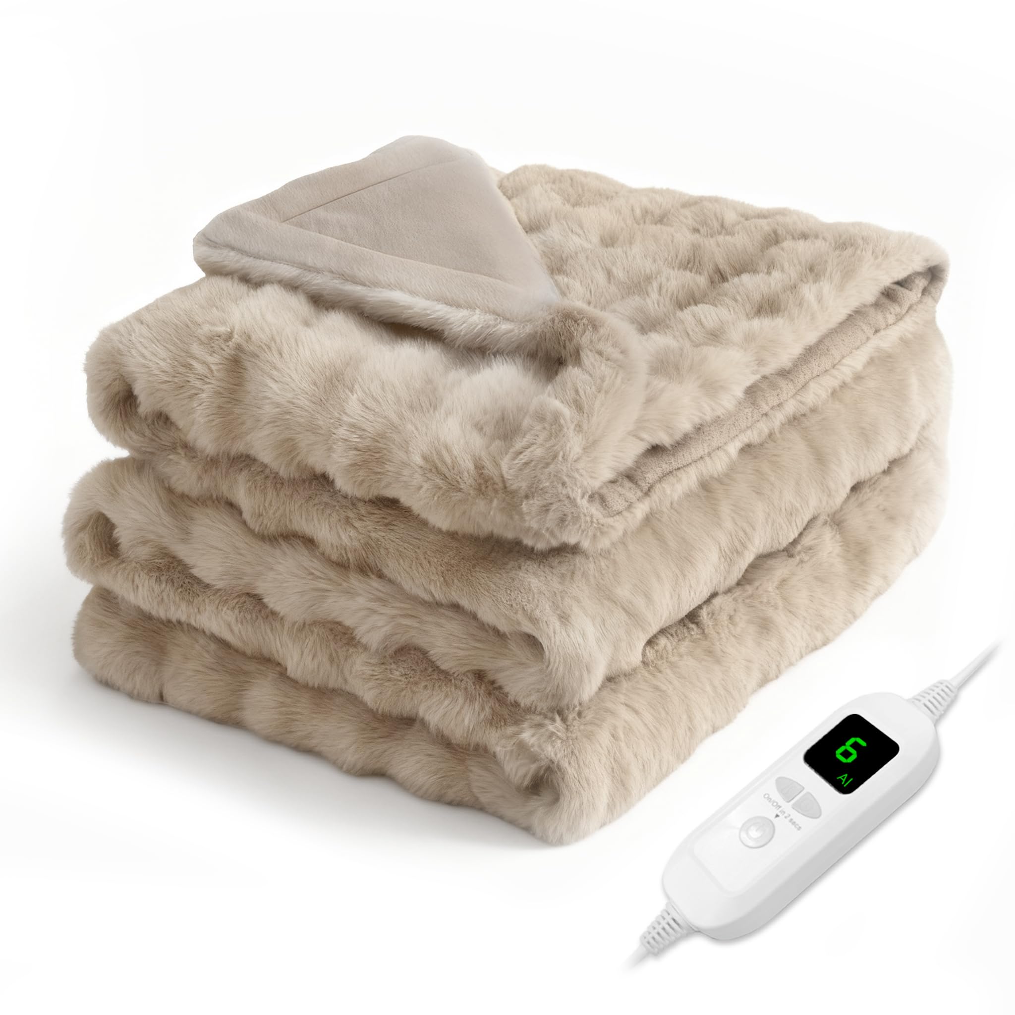 電気毛布 掛け 敷き 【2025 AI自動温度調整 表面ラビットファー調＋裏面フランネル】 160×80cm 膝掛け 肩掛け 洗える 12時間タイマー付 6段階温度調整可 電気ブランケット 省エネ 自