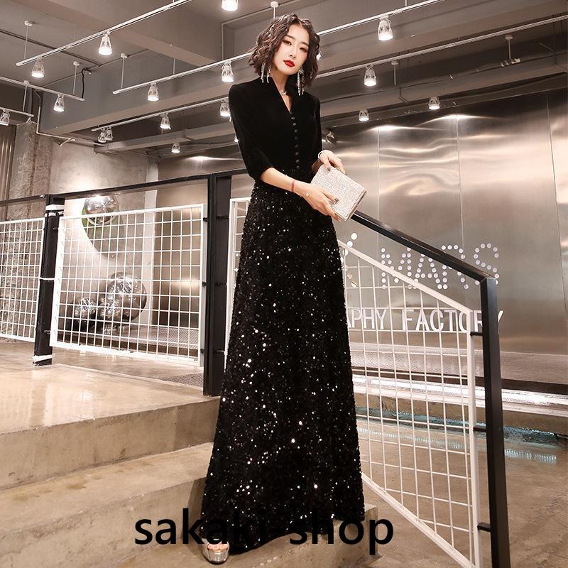【急速出荷!】翌日出荷 ロングドレス 母親 結婚式 演奏会用ドレス 袖付き 大人 ピアノ 発表会 キラキラ パーティー ワンピース お呼ばれ Vネック パーティードレス ドレス