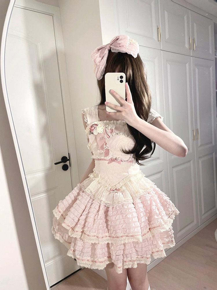 【激安本日限定】ロリータ ワンピースピンクのレイヤードケーキロリータドレス 甘くて可愛い重工業ロリータふわふわプリンセスドレス 6,182円