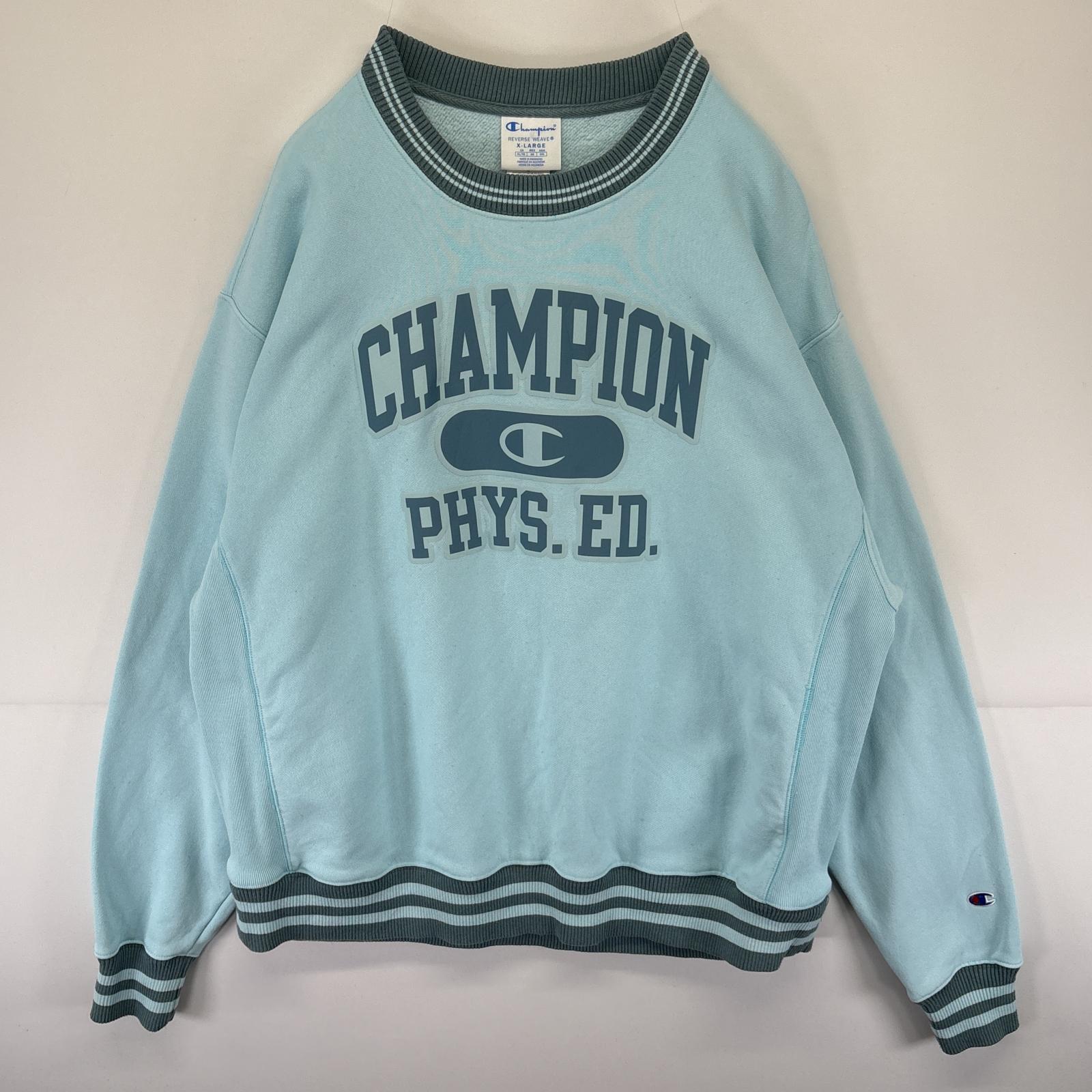 古着 スウェット トレーナー リバースウィーブ クルーネック 三段ロゴプリント リブ襟 XL 水色 メンズ