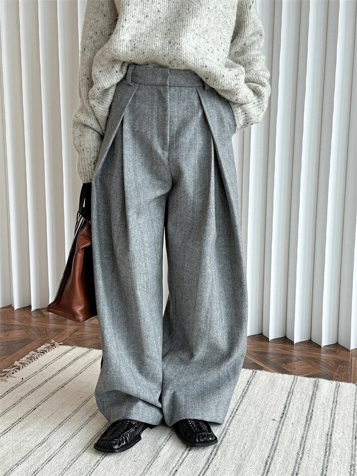 カジュアル ストライプ ボトムス 秋冬 ワイドパンツ 保温 秋冬ズボン 細見せ タックパンツ 美脚 ロングパンツ ゆったり 長ズボン レディース レディース 脚長 ウール きれいめ ボトムス 高見えパ