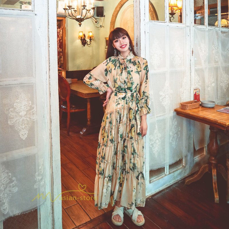 ワンピース レディース マキシワンピース シフォンワンピース レトロ風 ゆったり 長袖 2点セット 4,781円