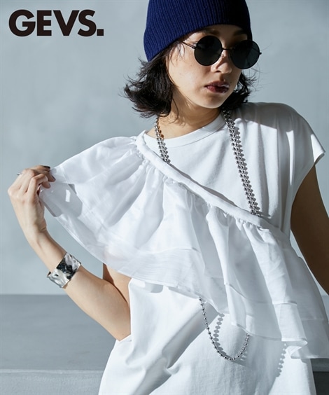Tシャツカットソー 大きいサイズ フリル衿付フレンチスリーブＴシャツ GEVS.