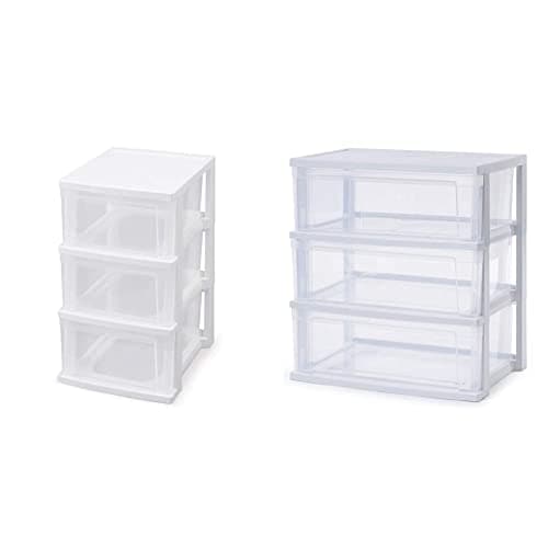 アイリスオーヤマ チェスト スリムチェスト 3段 頑丈設計(一体型フレーム) 水回りOK NSS-323 幅30.9奥行39高さ59 ホワイト/クリア & チェスト ワイド 3段 日本製 簡単組