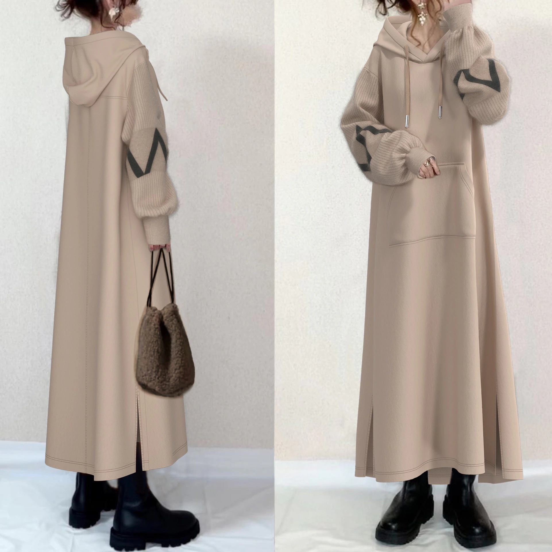 【SNSで話題沸騰】 どんな体型にも適合配色スリットギャザーフード付きマキシワンピース