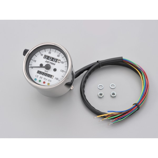 D15639 機械式スピードメーター φ60 ホワイトLED照明(インジケーター付き) ステンレスボディ/ホワイトパネル 140km/h