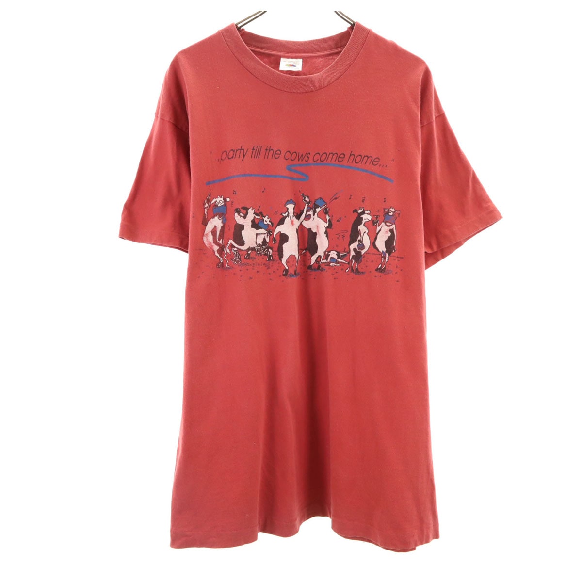 90s カナダ製 オールド 牛 プリント 半袖 Tシャツ XL レッド系 シングルステッチ アニマル柄 メンズ 古着