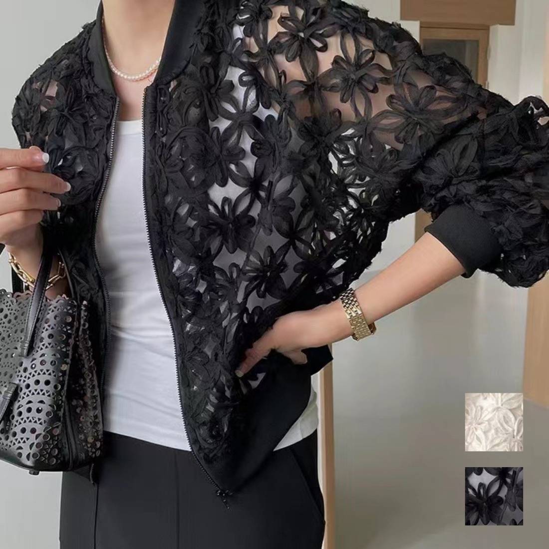 【早い者勝ちタイムセール】大人っぽく華やかな印象のレースブルゾン アウター 上着 ライトアウター 羽織 夏 ノーカラー ジップアップ おしゃれ レース 抜け感 シアー シースルー 透け感 花柄レース