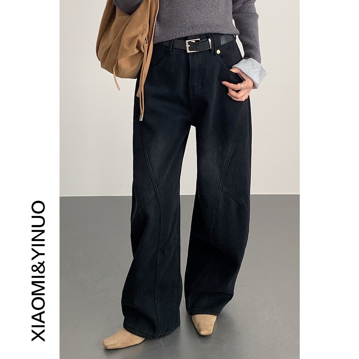 シルエット 裏起毛 ハイウエスト カーブド ワイドデニム