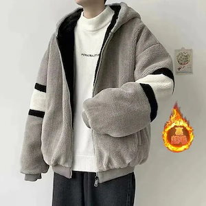 メガ割ボアジャケット メンズ フリース ボアアウター ブルゾン パーカー 裏起毛 フード付き もこもこ 防寒 厚手 アウトドア 暖かい ゆったり 通学 通勤