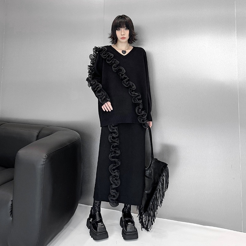 【J.Fashion】 2025秋 ニットセット フリル飾り おしゃれ スカートセット レディース セットアップ 関連商品購入可能 メガ割