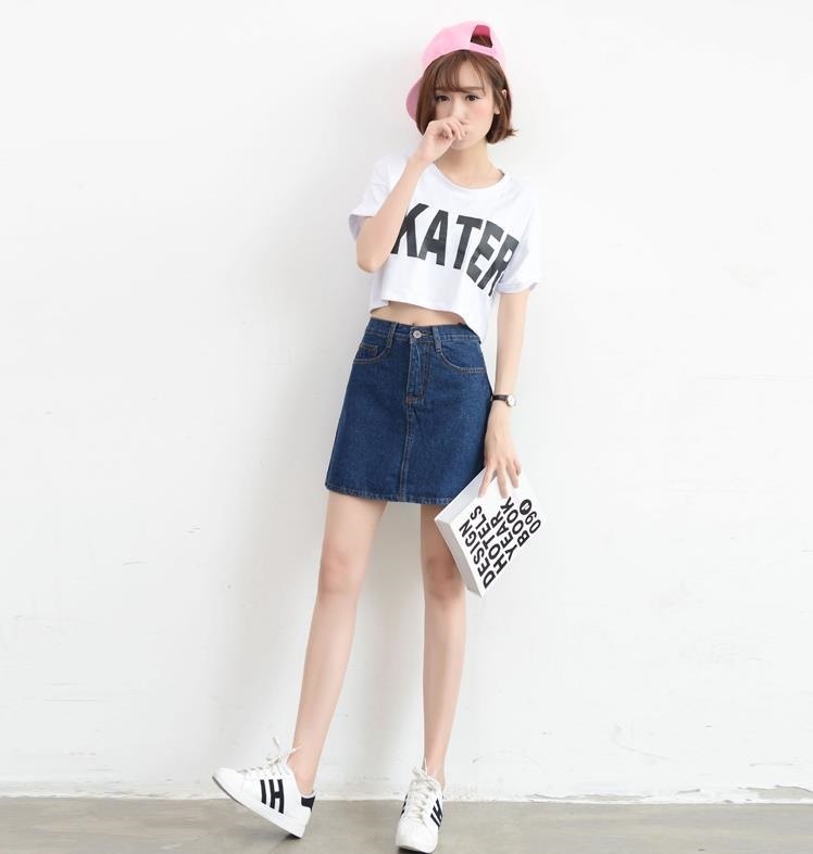 3155.ミニ丈 カジュアルなAラインデニムスカート（ダークブルー）2019 春夏 ミニスカ シンプル 無地 お出かけ