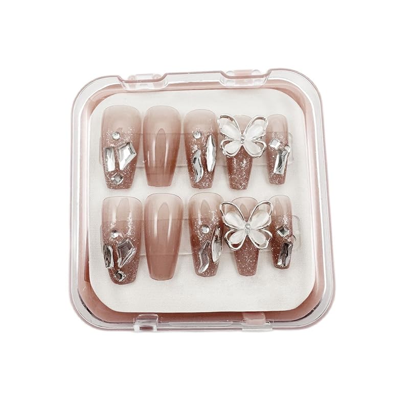 mallnoo 24枚セット 華やかなウォーターダイヤモンド付きロングバタフライフェイクネイル ネイルチップ
