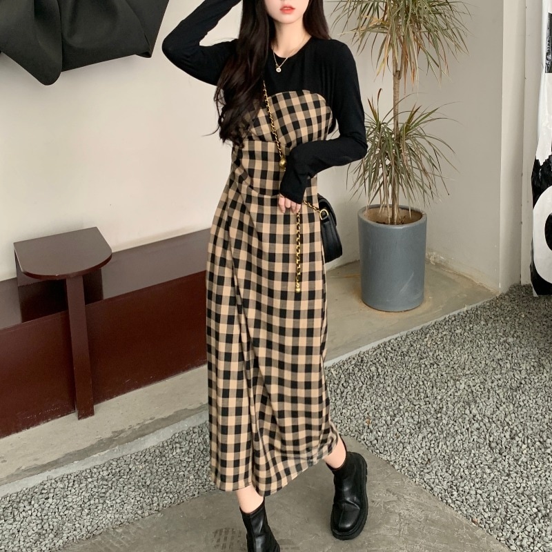 【送料無料】レディース レイヤード風 ワンピース チェック 巻きスカート 大人可愛い