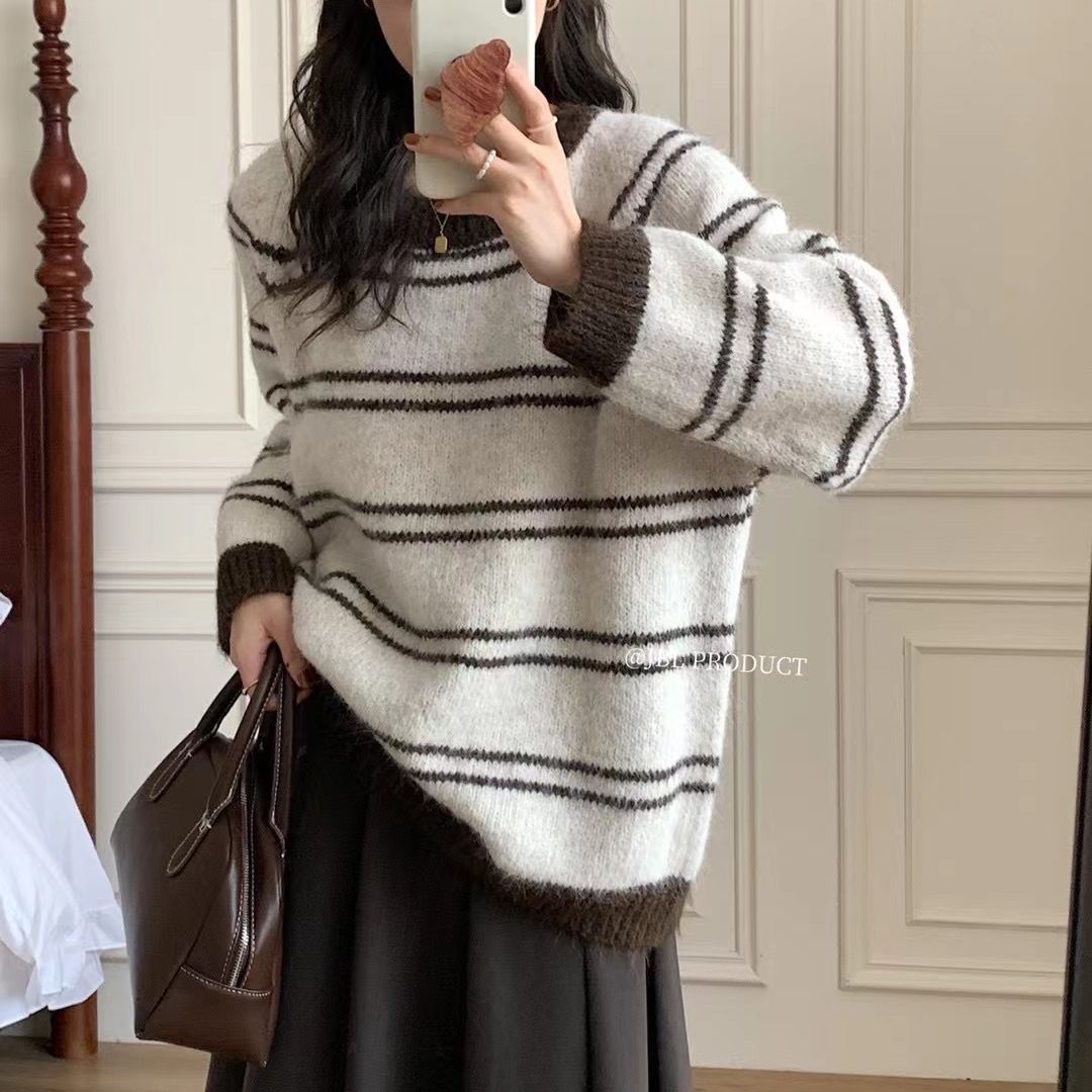 秋冬ストライプゆったりセーターレディース長袖プルオーバー怠惰なスタイルセーター2025韓国風大きいサイズトップス