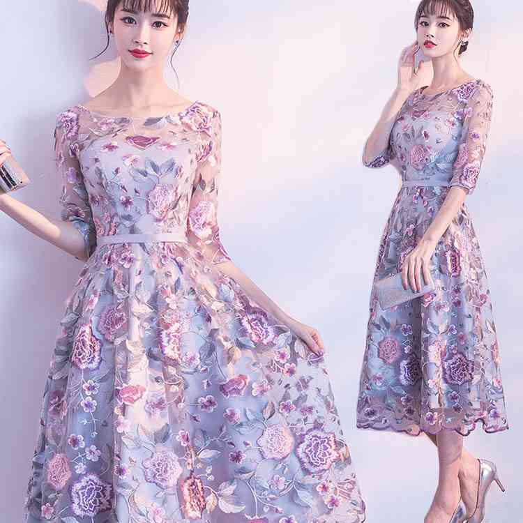 パーティードレス 結婚式ドレス 袖あり ウエディングドレス レース 花柄 刺繍 着痩せ 大人 可愛い 5,624円