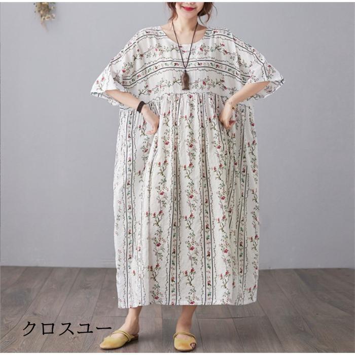 ワンピース ロングワンピース コットンリネン 綿麻 花柄 総柄 プリント リゾート 半袖 大きいサイズ カジュアル 大人 春 夏 体型カバー おしゃれ