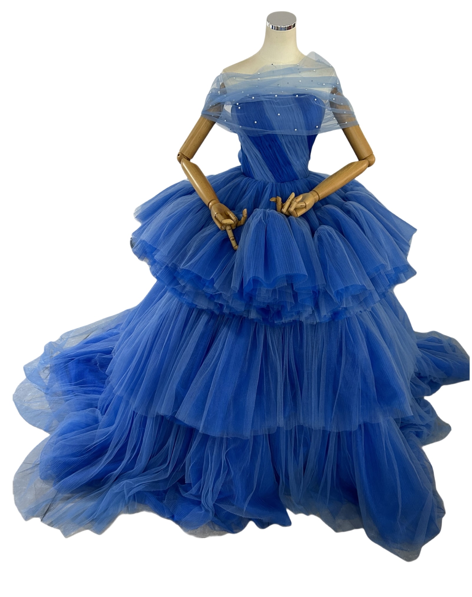 豪華！パーティードレス ブルー パール オフショルダー グラデーション 柔らかく重ねたチュールスカート 前撮り 59,340円