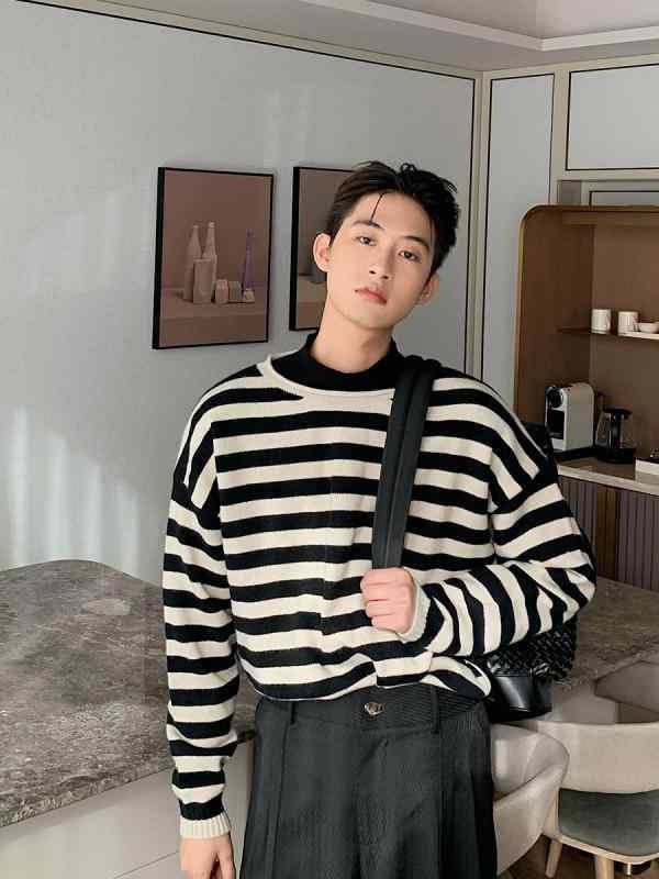 シャツ メンズ 秋 冬 カジュアル 黒白 ストライプセーター カップル セーター ラウンドネック トップス