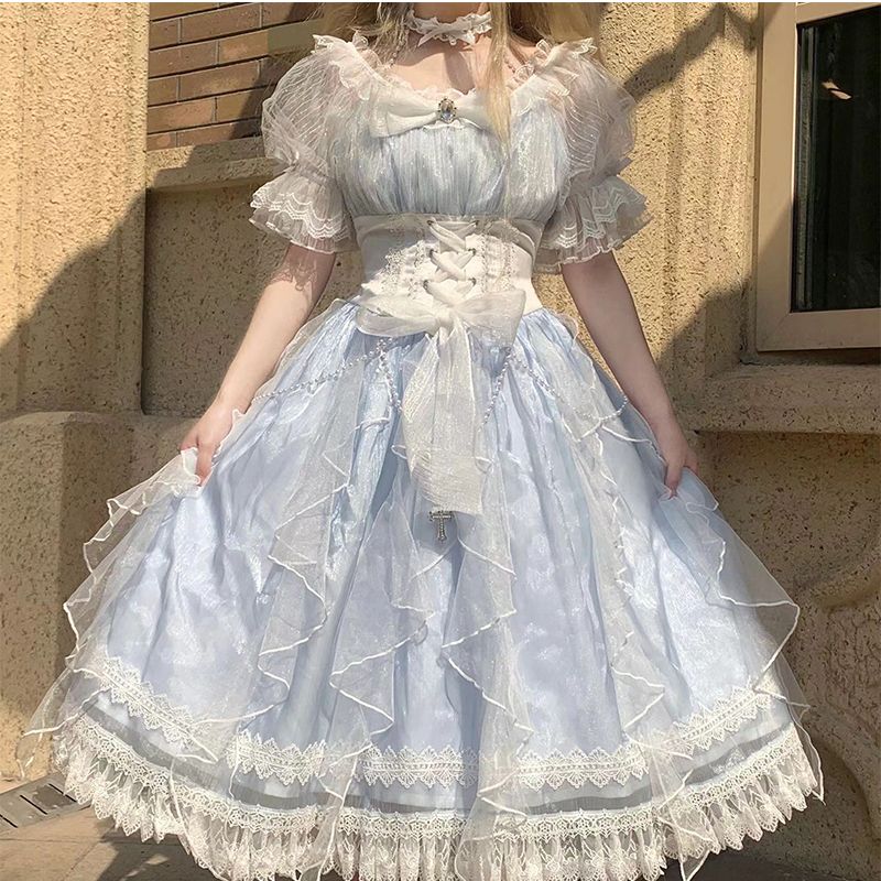 上品で甘美なロリータプリンセスドレス 上級者向けブルーロリータメッシュドレス