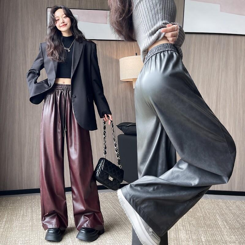 シンプルな4色の足の美容効果PU素材のゴムとハイウエストワイドパンツ通勤