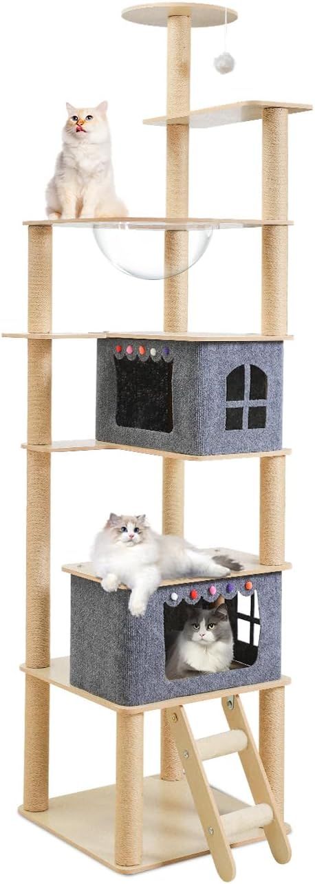 キャットタワー 木製 猫タワー 宇宙船付き 8階建てのタワー 高さ約184cm シニア猫子猫多頭飼い向け 麻紐 猫おもちゃボール 猫ハウス＆キャット 四角型土台ウォーク運動不足解消 おもちゃ 多