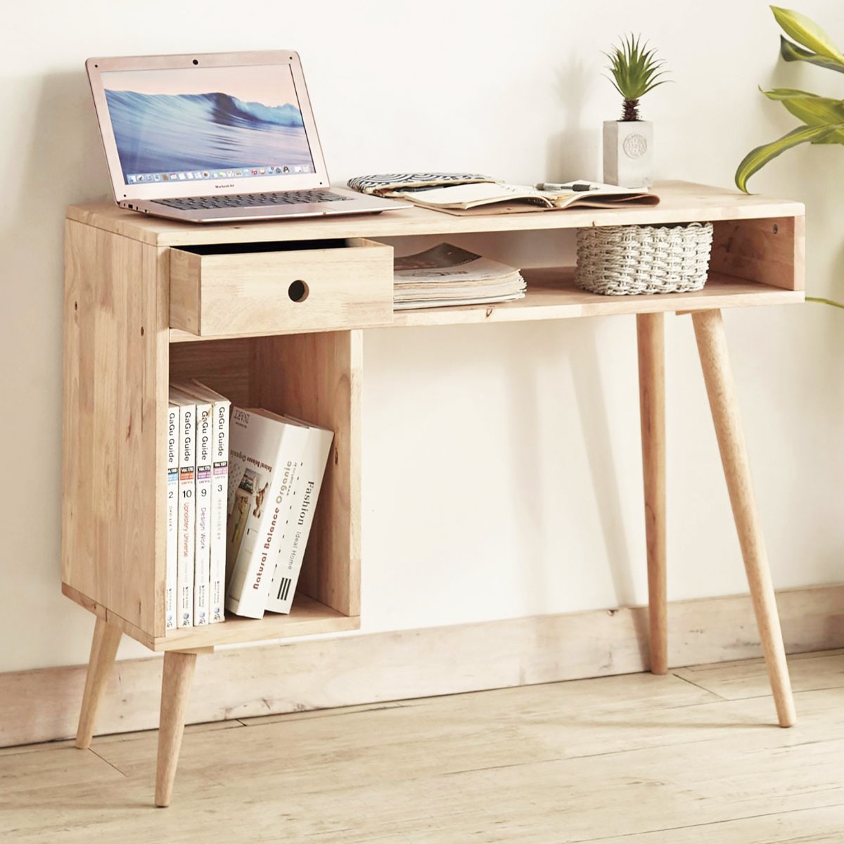 ワークデスク 幅100cm 収納棚付 片袖デスク NATURAL SIGNATURE デスク 机 学習机 勉強机 パソコンデスク コンパクト 木製 天然木 ドレッサー 引き出し 棚 学習デスク 15,444円