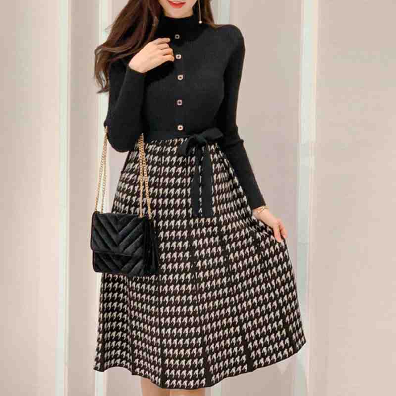 ニットワンピースレディース千鳥柄切替大きいサイズ レディース 秋冬 結婚式 きれいめ タイト フォーマル 大人 上品 チュニック one-piece