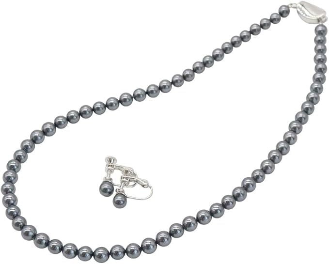 [咲屋] 高級版 パール ネックレス 冠婚葬祭 結婚式 フォーマル 結婚式 ピアス セット 真珠 黒 葬式 イヤリング 結婚式 パーティー 貝パール 7mm42cm ホワイト ナチュラル シルバーブラ