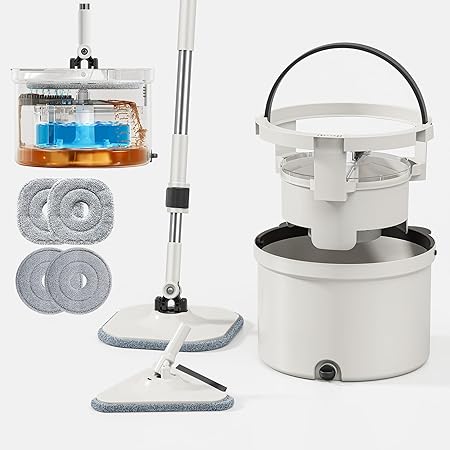回転モップ 汚水分離式モップ 水拭き/乾拭き対応 節水設計 スクイージー付き三角ヘッド付き 掃除 軽量 床に優しい 長さ調節 二層式 洗浄 脱水 丸型＆角型替えモップ4枚+三角クリーナー 省スペース収