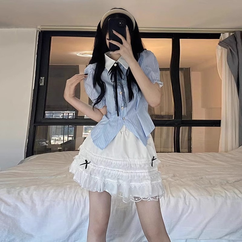 【1つ買うと10つ無料】甘いミルクグッドパフスリーブショートスリーブサマーjkユニフォームピュアカレッジスタイルスリムとふくらんでいるスカートの2ピースセット