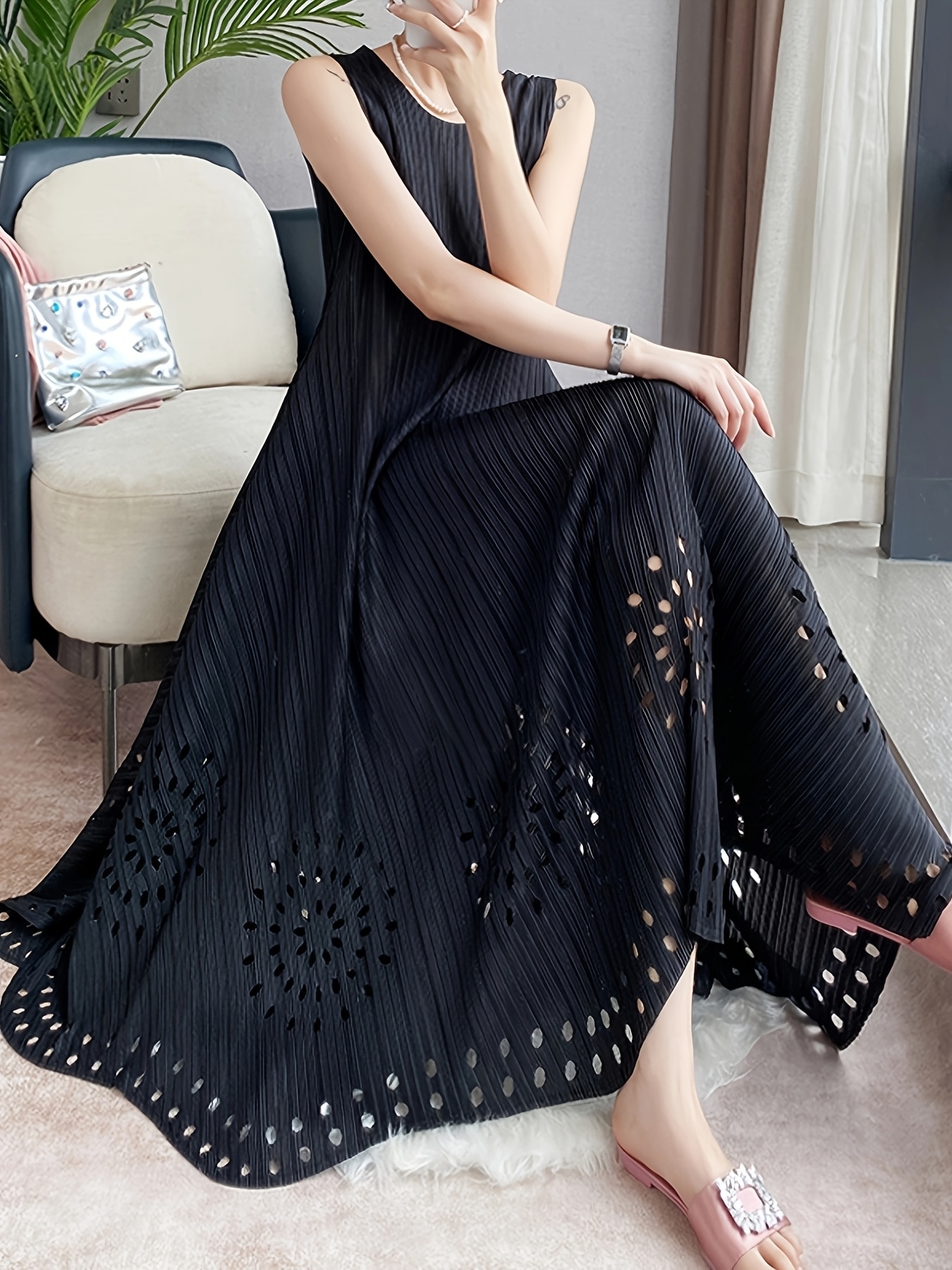 エレガントなフレンチ風Aラインワンピース刺繍入りゆったりシルエットポリエステル製