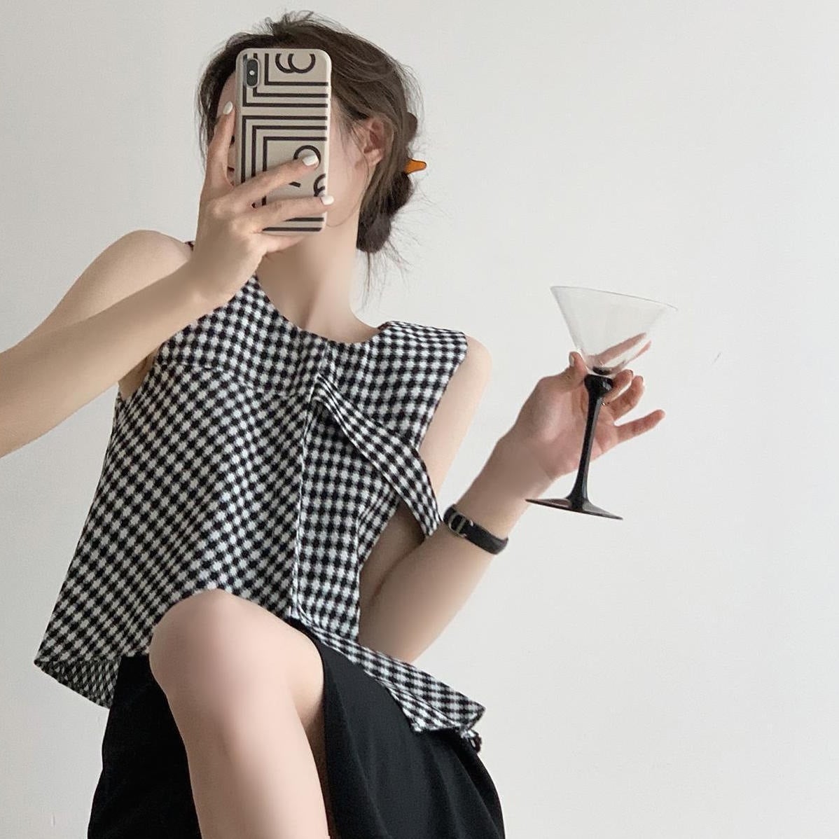 キャミソール ノースリーブ ラウンドネック チェック柄 アシンメトリー リボン スリム 細身 韓国 レディース かわいい 可愛い キュート 大人可愛い 大人女子 シンプル きれいめ