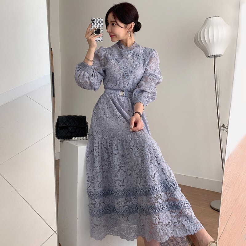 レースワンピース ロングワンピース レース 総レース 韓国 レディース オルチャン くすみカラー ベイクドカラー ピンク ブルー ロング丈 長袖 パフスリーブ Uネック ラウンドネック