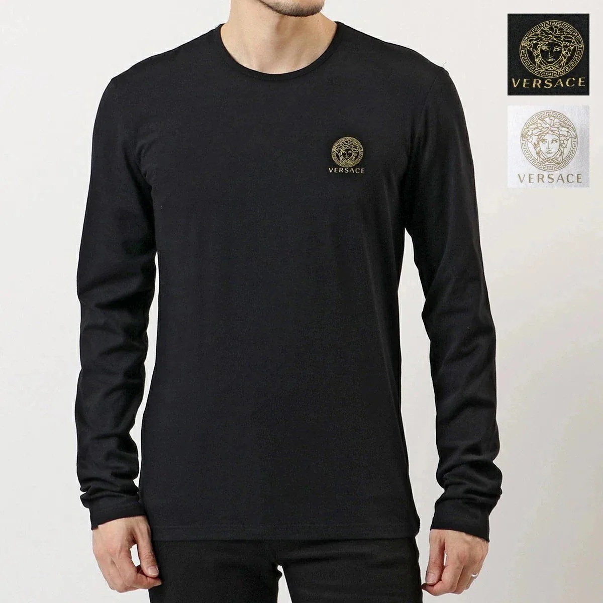 VERSACE ヴェルサーチ AUU01007 1A10011 アンダーウェア クルーネック 長袖 Tシャツ ロンT ロゴT メドゥーサ カットソー ストレッチ