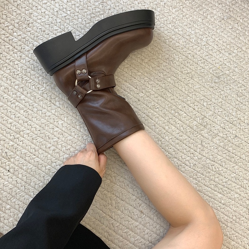 英国風レディースブラウン厚底2024春秋冬高揚レトロウエスタンバイクブーツショートシングルブーツ