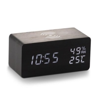 フライトウッド LED 温湿度 携帯電話 ワイヤレス充電 LED 置き時計 + USBアダプター