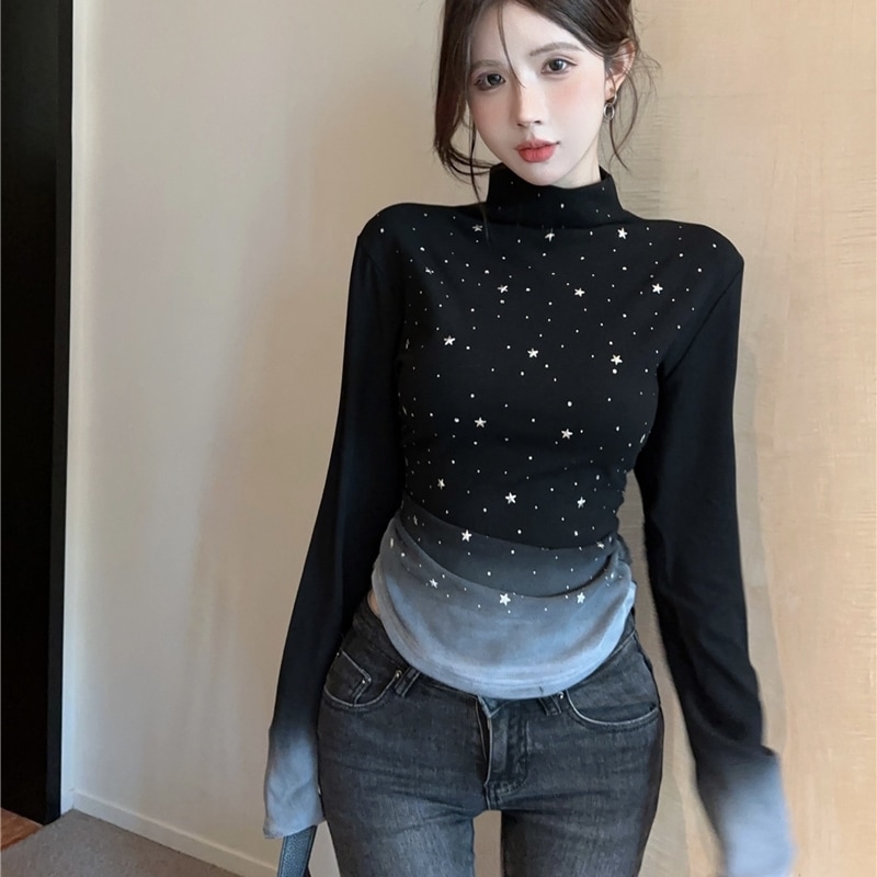 セーター ニット トップス ハイネック スタッズ 星 グラデーション デート お出かけ イベント デイリー 普段使い