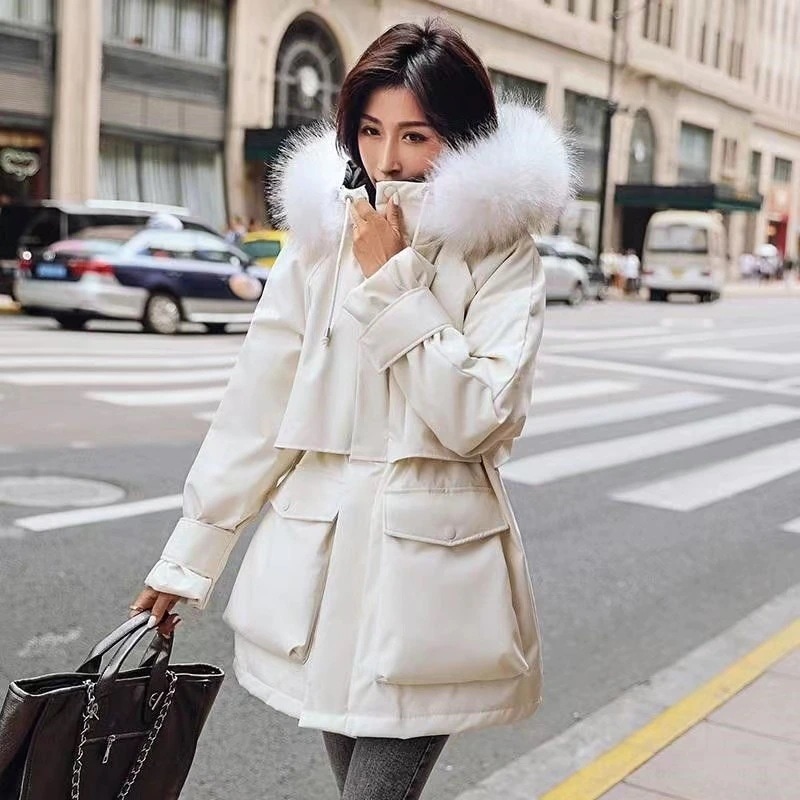 【送料無料】帽子付き毛領 中綿ダウンコート 綿入れ ロング丈冬服レディースアウター パーカー