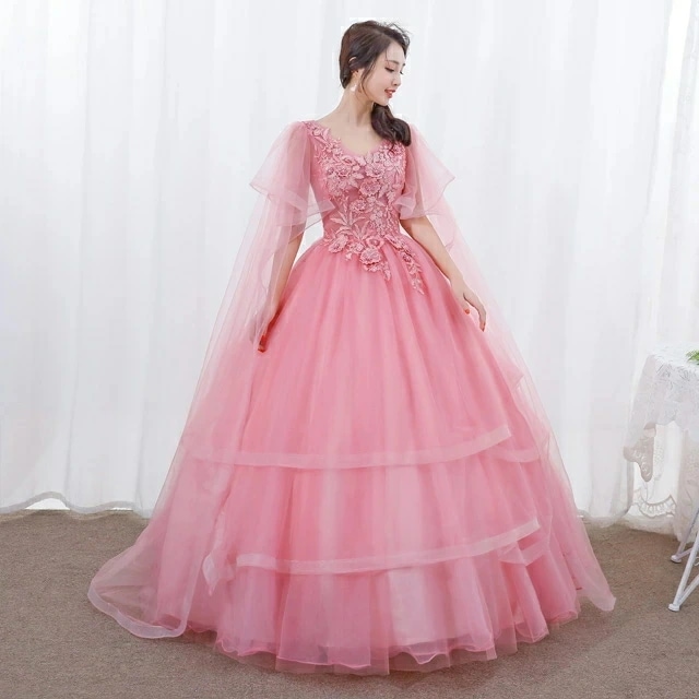 イブニングドレス ピンク ロングドレス 演奏会ドレス フレア フリル 可愛い 発表会ドレス 刺繍花柄 ロング Aライン パーティードレス 結婚式ドレス 二次会ドレス 演奏会 コンサート コンクール S 8,593円